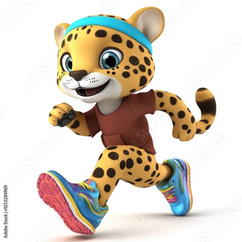 Cheerful Cartoon Leopard Character Running in Sports Gear