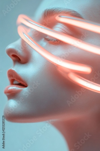 A close-up profile showcases a soft spiral emerging from the temple. The distortion in space symbolizes the disorienting effects of migraines, evoking feelings of dizziness