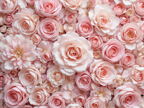 A stunning floral background featuring delicate pink roses and peonies in soft pastel hues. Perfect for romantic designs, wedding invitations, and elegant decorative projects.