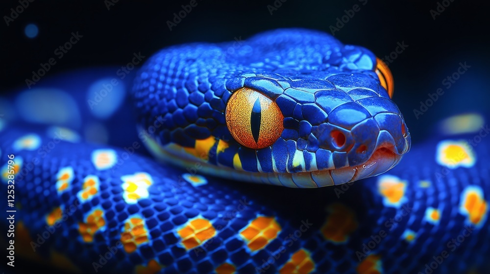 Fototapeta premium This blue snake's vibrant patterns captivate onlookers as it rests