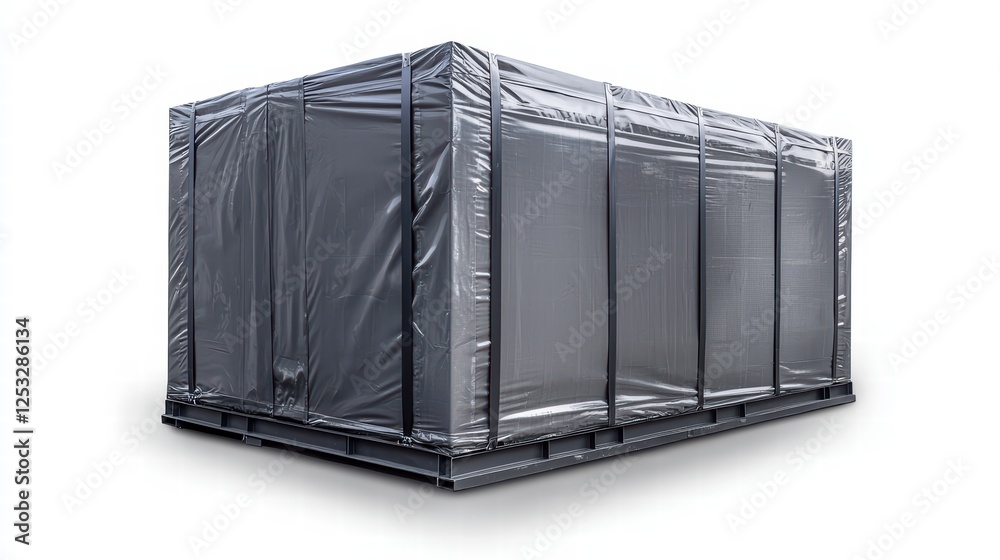 Industrial Strength: A dark, industrial container shrouded in plastic, suggesting protection, transportation, and storage with a touch of intrigue.