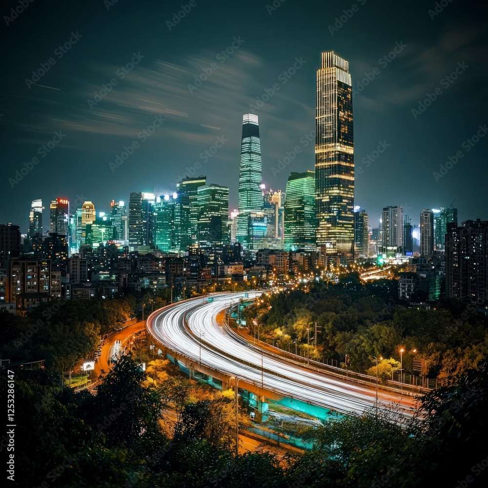 Night Cityscape with Illuminated Skyscrapers and Highway Night Cityscape with Illuminated Skyscrapers and Highway