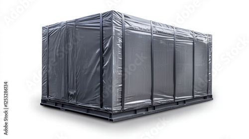 Obraz na płótnie Industrial Strength: A dark, industrial container shrouded in plastic, suggesting protection, transportation, and storage with a touch of intrigue. w salonie