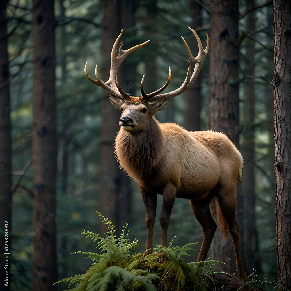 Majestic Elk Standing Tall in a Mystical Forest Landscape Majestic Elk Standing Tall in a Mystical Forest Landscape