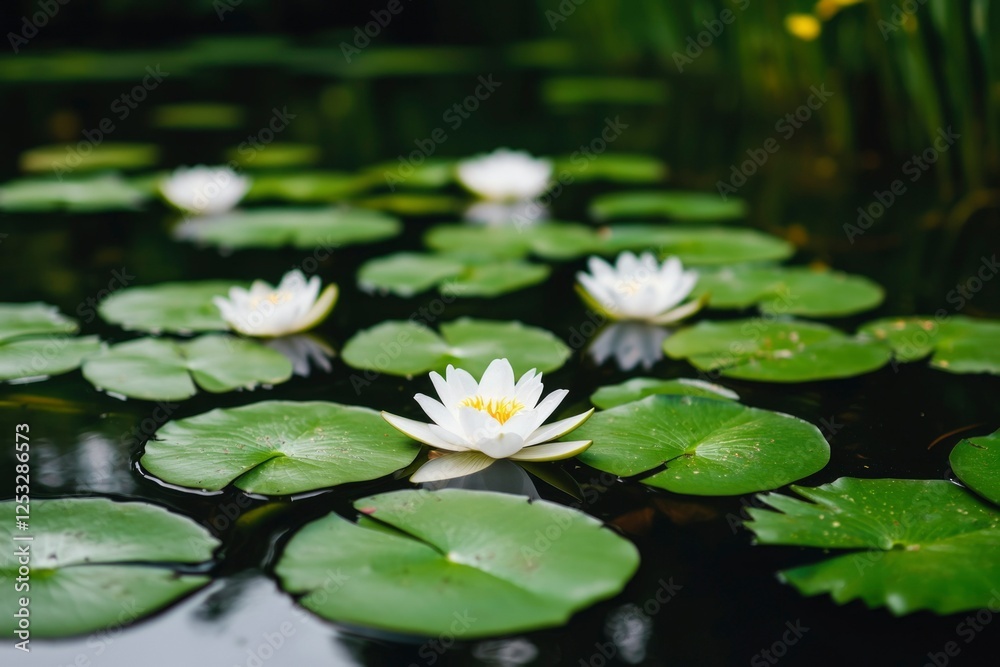 White water lilies on pond surface, tranquil scene, nature, serene White water lilies on pond surface, tranquil scene, nature, serene