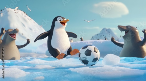 Playful Penguin Kicks Soccer Ball Among Curious Seals in Snowy Landscape