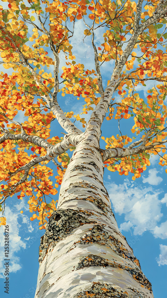 Fototapeta premium A tall, white birch tree with bright, autumn-colored leaves at the top 