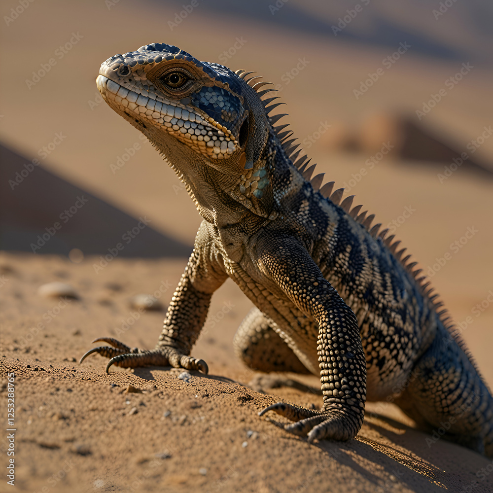 Fototapeta premium Spiky Desert Lizard Standing on Sand Under Scorching Sunlight