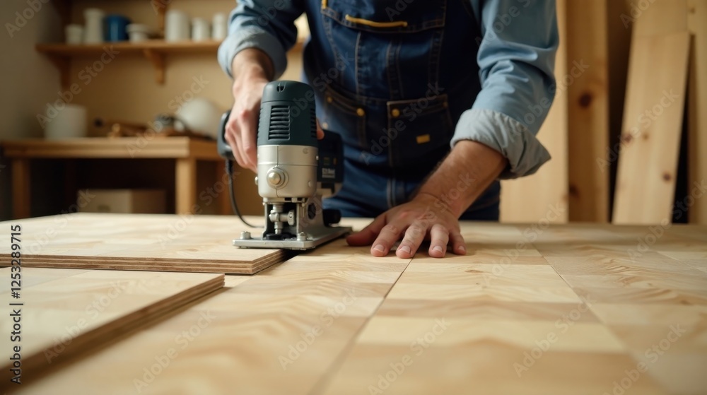 A Craftsperson Uses a Jigsaw to Precisely Cut Light Wood Panels in a Workshop Setting A Craftsperson Uses a Jigsaw to Precisely Cut Light Wood Panels in a Workshop Setting