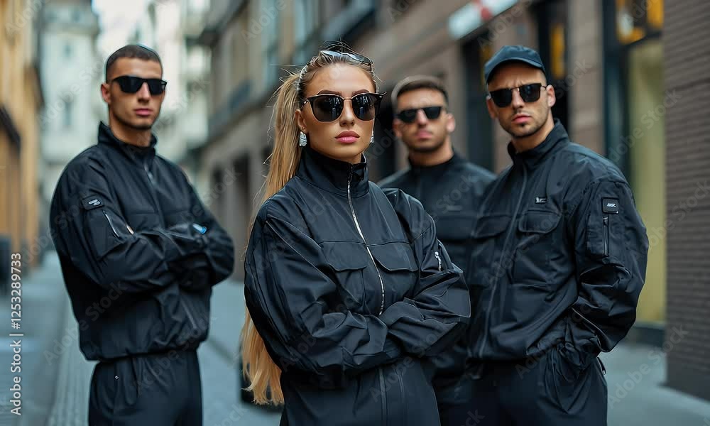 Confident team city street urban background stylish security Confident team city street urban background stylish security