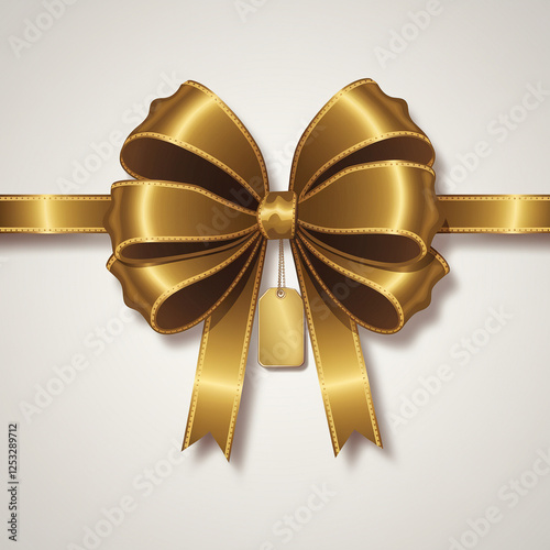 Elegant Golden Bow with Blank Tag on White Background photo