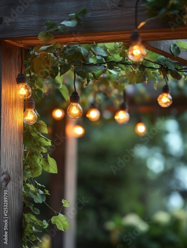 Warm Ambient Light Strings Decorate a Rustic Wooden Pergola photo
