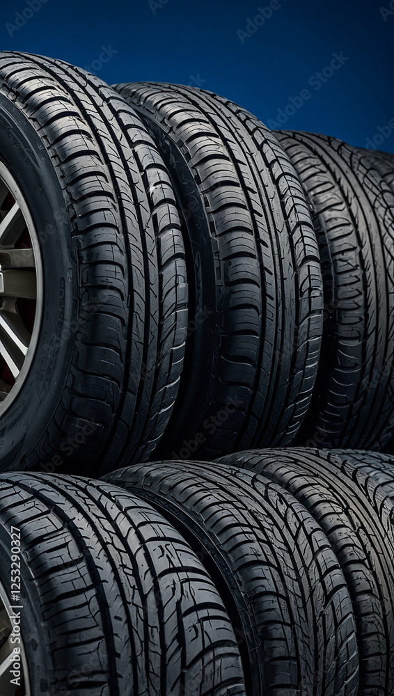 Quality tires arranged in a row on a blue background showcasing their tread patterns and structure. Quality tires arranged in a row on a blue background showcasing their tread patterns and structure.