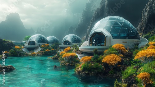 Futuristic geodesic domes by mountain lake