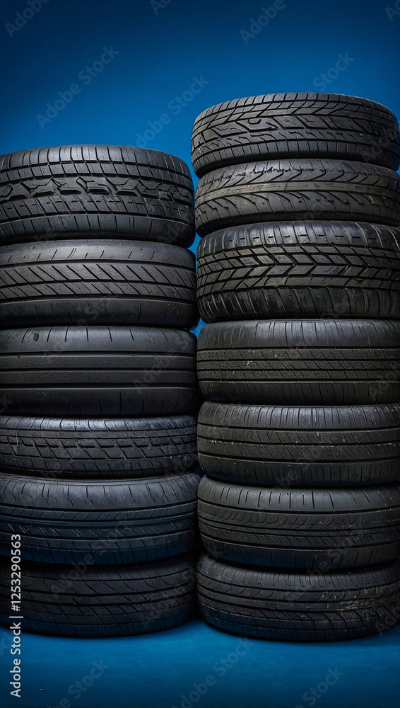 Quality tires arranged in a row on a blue background, highlighting their tread patterns and structure. Quality tires arranged in a row on a blue background, highlighting their tread patterns and structure.