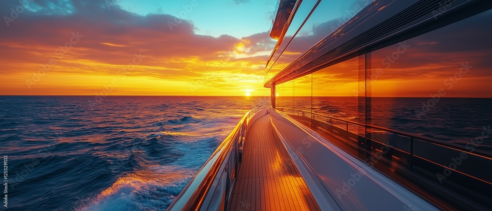 Obraz premium Sailing into a vibrant sunset over calm waters with reflections on the yacht's side