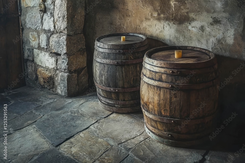 Old wooden vine barrels in an old italian cellar with stone floor and walls.