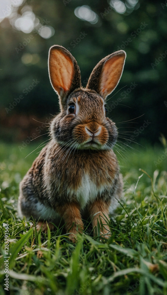 Rabbit sitting in grass with leaves flying around. Rabbit sitting in grass with leaves flying around.