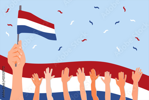 Liberation Day Background. background with hands holding the Netherlands flag, several hands being raised, and the Netherlands flag behind it. light blue background