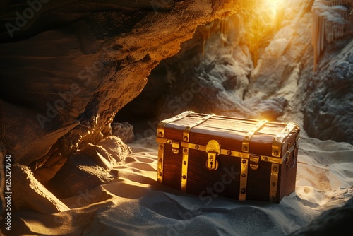 Hidden Treasure. A weathered wooden treasure chest rests in a dimly lit cave, illuminated by a ray of golden sunlight that pierces through the entrance, hinting at the untold riches within.