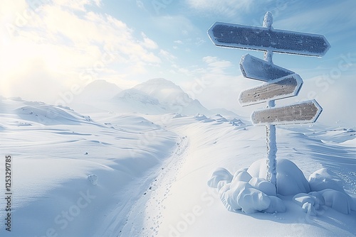 The Path Less Traveled.  A solitary wooden signpost with blank directional arrows stands amidst a snow-covered landscape.