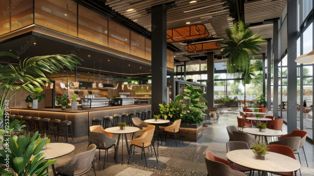 Fototapeta premium In a contemporary welcoming dining area with statement decoration, high ceiling, indoor plants, soft light in high resolution.