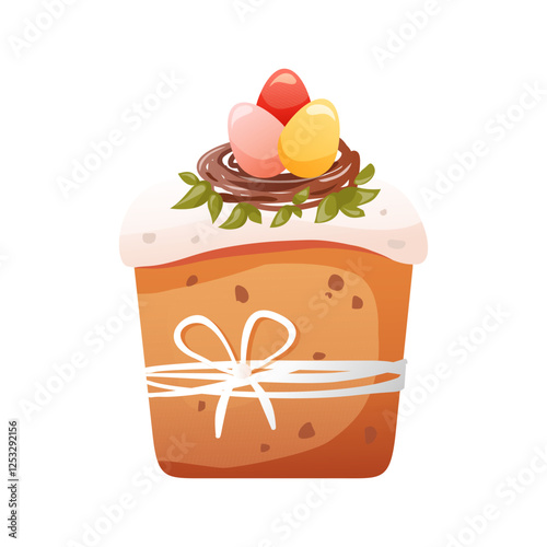Cute cartoon illustration of Easter cake decorated by twig and eggs. Paska, kulich icon or print