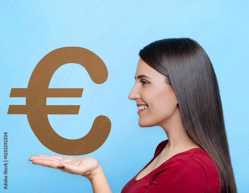 Smiling woman holding euro symbol on blue background, financial success and european currency concept Smiling woman holding euro symbol on blue background, financial success and european currency concept