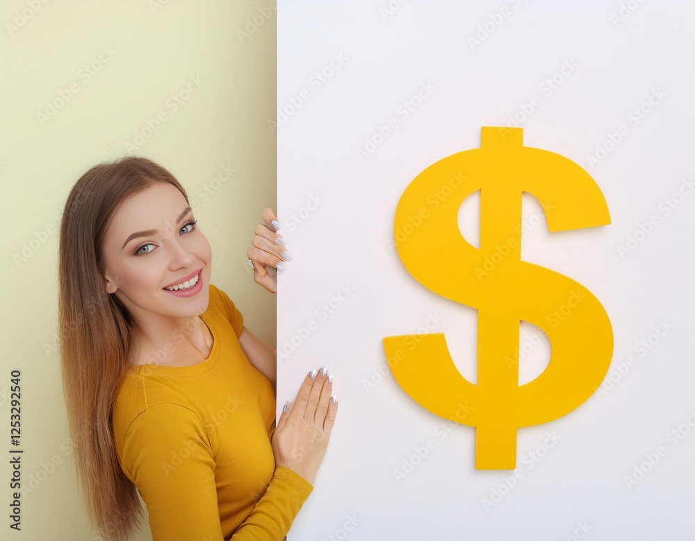 Happy woman showing a big yellow dollar sign on a white board Happy woman showing a big yellow dollar sign on a white board