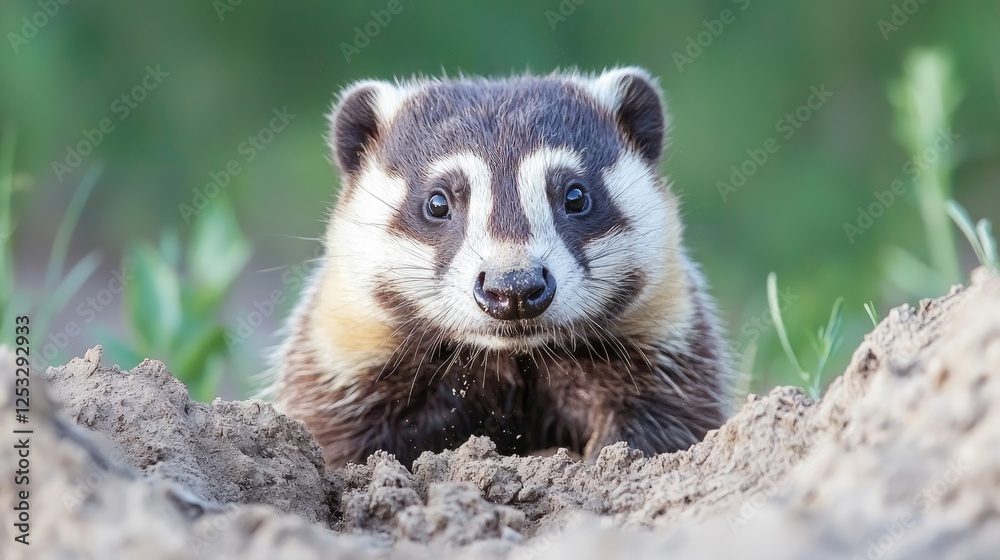 Fototapeta premium Young badger peeking from burrow, grassland background, wildlife photography