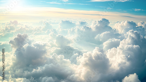 A serene sky filled with soft, fluffy clouds under a bright sun, creating a tranquil and uplifting atmosphere. The gentle blues and whites evoke a sense of peace and wonder.