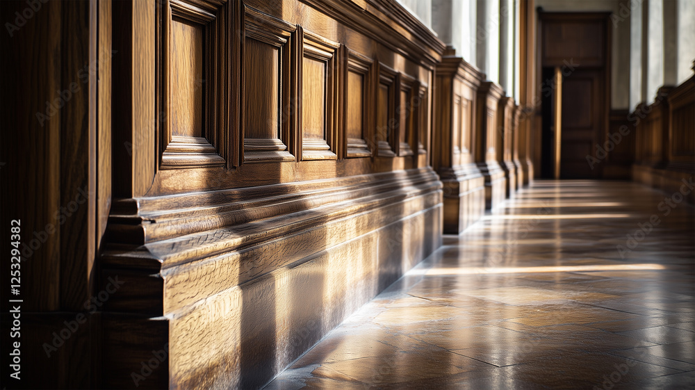 Fototapeta premium 裁判所の廊下に並ぶ古い木製扉と彫刻のアートショット