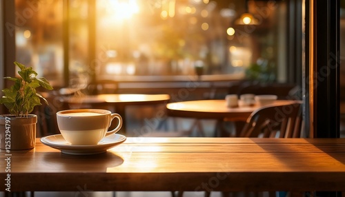Wallpaper Mural warm sunlight fills a cozy cafe as a wooden table showcases a cup of coffee creating a peaceful atmosphere perfect for relaxation Torontodigital.ca
