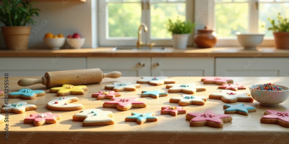 A delightful assortment of freshly baked star-shaped and flower-shaped cookies, adorned with colorful icing and sprinkles, rests on a wooden countertop in a sunlit kitchen.