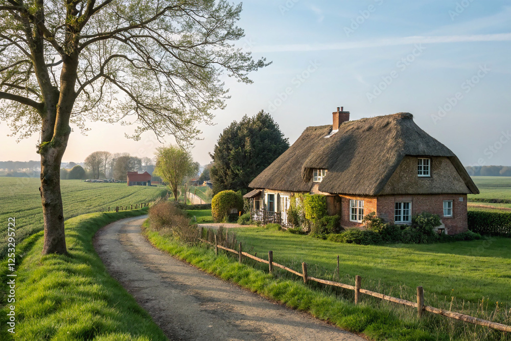 Fototapeta premium Thatched roof house in a quiet village