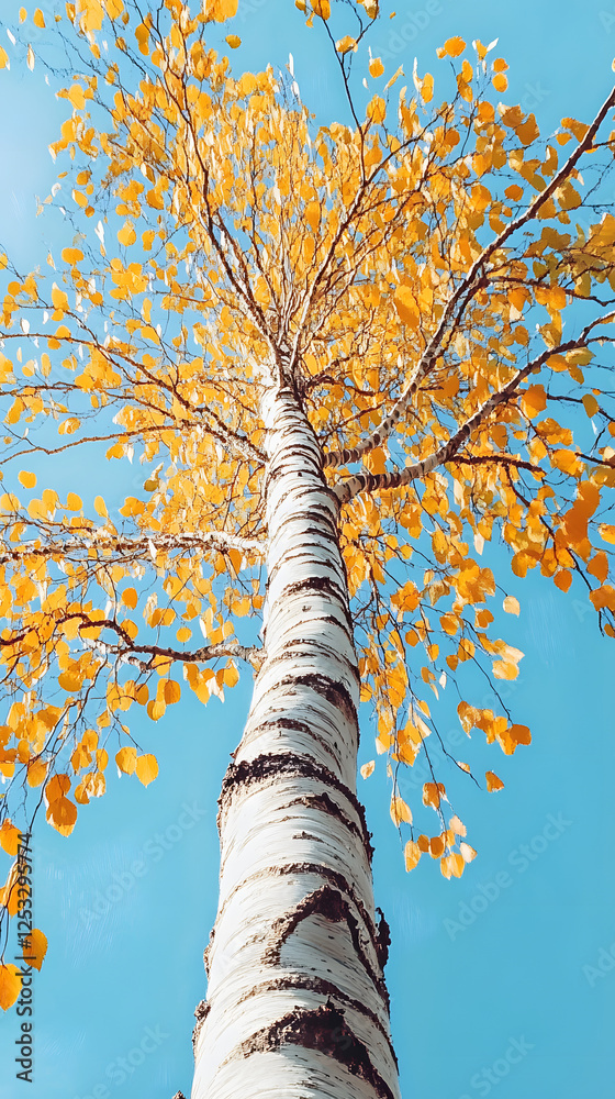 Fototapeta premium A tall, white birch tree with bright, autumn-colored leaves at the top 