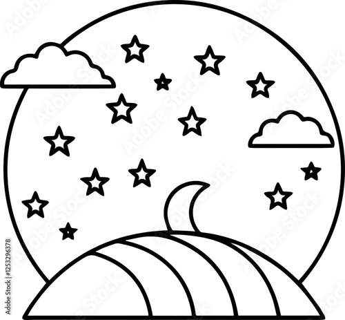 Line Art Illustration of Clouds, Stars, and Moon for Coloring Book – Digital Drawing