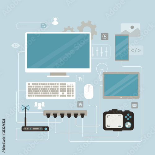 Сonnecting various electronic devices to computer, hardware. Computer and connected mobile devices concept with links of information transfer to various data storages.