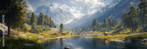Peaceful prehistoric landscape with a herd of herbivorous dinosaurs grazing near a tranquil lake, nestled in a majestic mountain valley