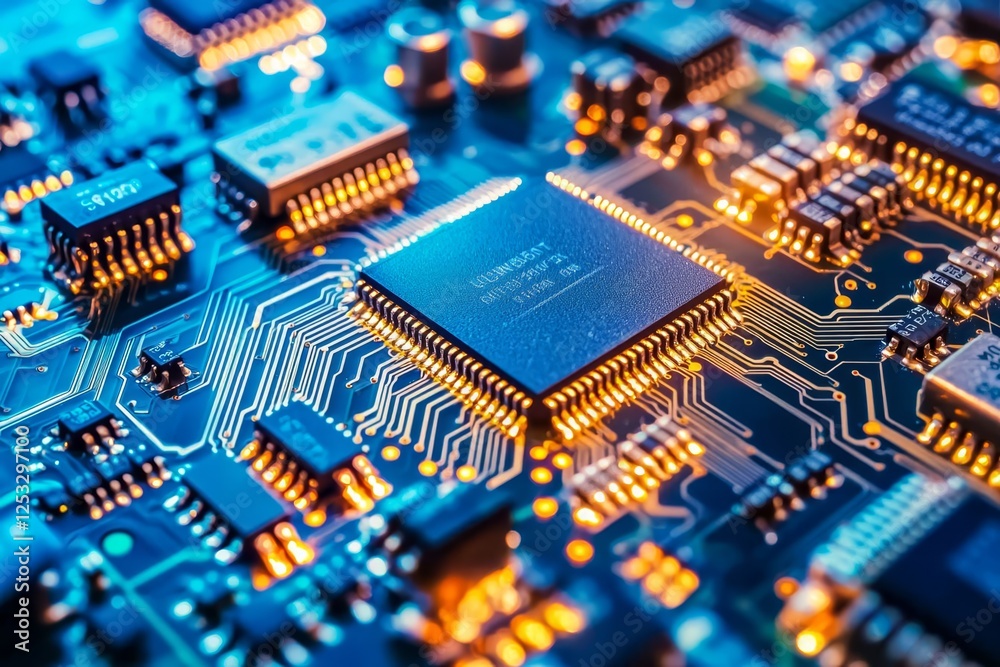 Printed Circuit board with Microchips and other Components During Production Process. Electronics Manufacturing. Printed Circuit board with Microchips and other Components During Production Process. Electronics Manufacturing.