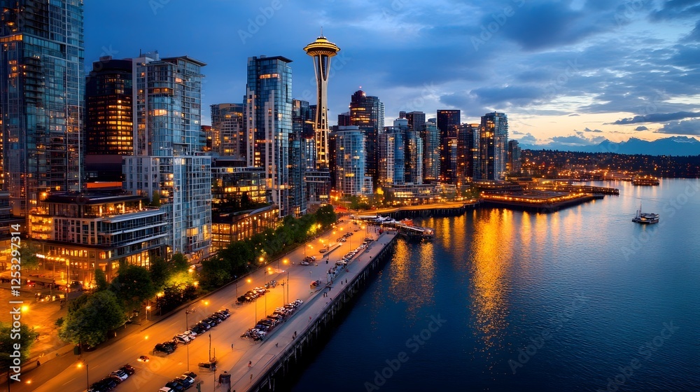 Naklejka premium Bustling Cityscape at Dusk with Glowing Lights and Reflective Waterfront