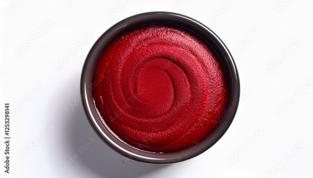 extreme top view of hyperrealistic red velvet pudding in a dark ramekin isolated on a white white background extreme top view of hyperrealistic red velvet pudding in a dark ramekin isolated on a white white background