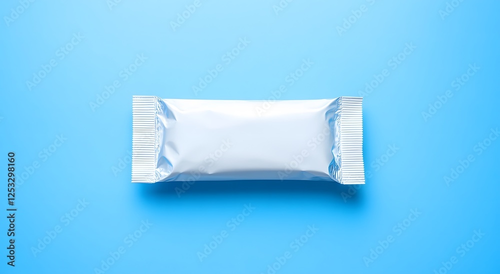 A mockup of a blank white foil-wrapped candy bar on a blue background. That's where snack packaging template design ideas. A mockup of a blank white foil-wrapped candy bar on a blue background. That's where snack packaging template design ideas.
