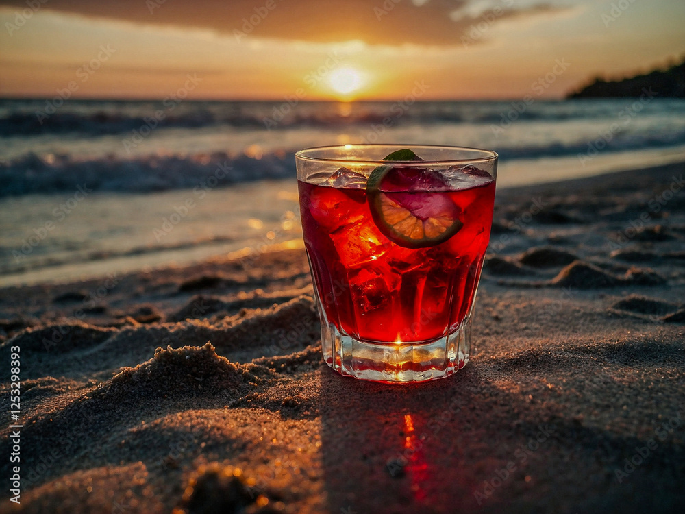 Red cocktail on a beach at sunset. Red cocktail on a beach at sunset.