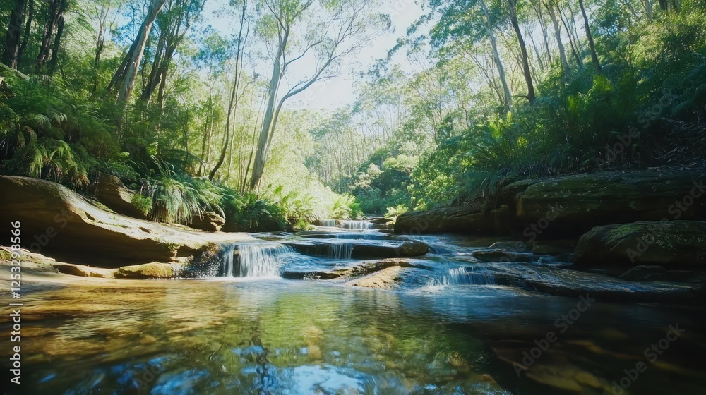 Fototapeta premium Serene Waterfall Cascades Through Lush Forest Landscape