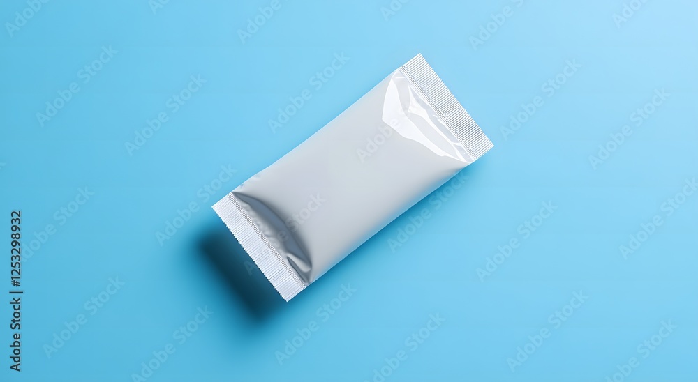 A mockup of a blank white foil-wrapped candy bar on a blue background. That's where snack packaging template design ideas. A mockup of a blank white foil-wrapped candy bar on a blue background. That's where snack packaging template design ideas.