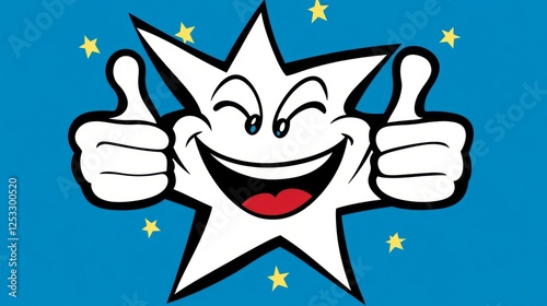 A cartoon star with five points and a broad smile giving a double thumbs up while wearing a broad smile photo