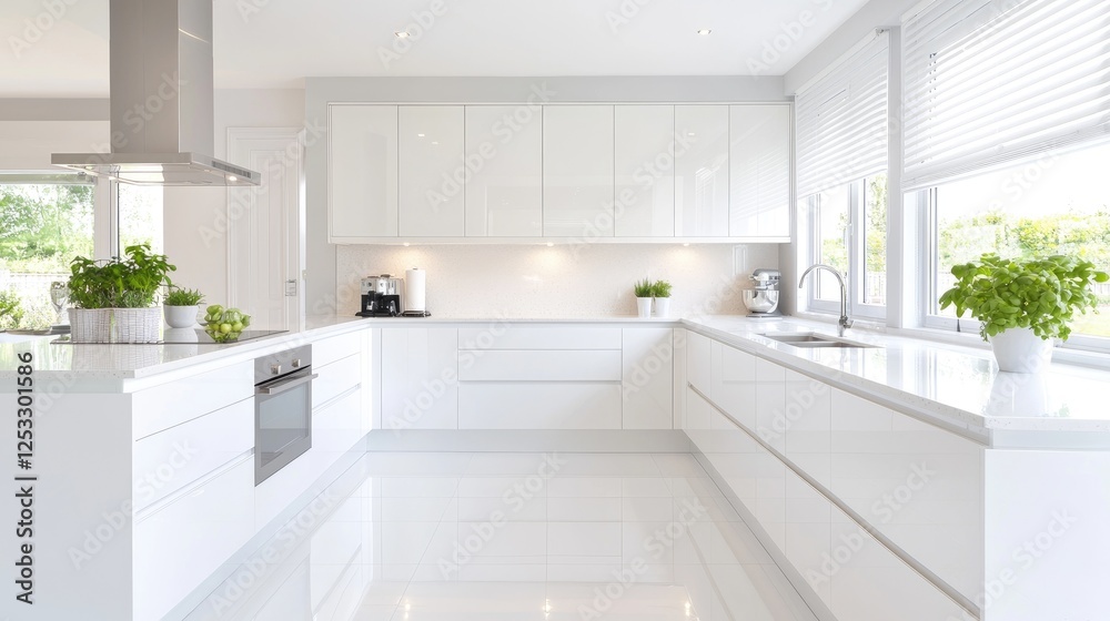 Modern white kitchen with large windows. Bright and spacious. Perfect for showcasing appliances or lifestyle photography