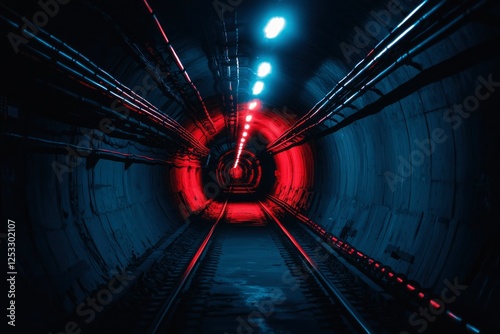 Underground Tunnel with Red and Blue Lighting photo