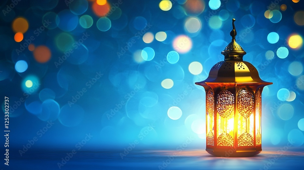 Elegant ramadan kareem greeting card design featuring a glowing traditional lantern with soft bokeh lights on a deep blue background, creating a warm and festive atmosphere for islamic celebrations an Elegant ramadan kareem greeting card design featuring a glowing traditional lantern with soft bokeh lights on a deep blue background, creating a warm and festive atmosphere for islamic celebrations an